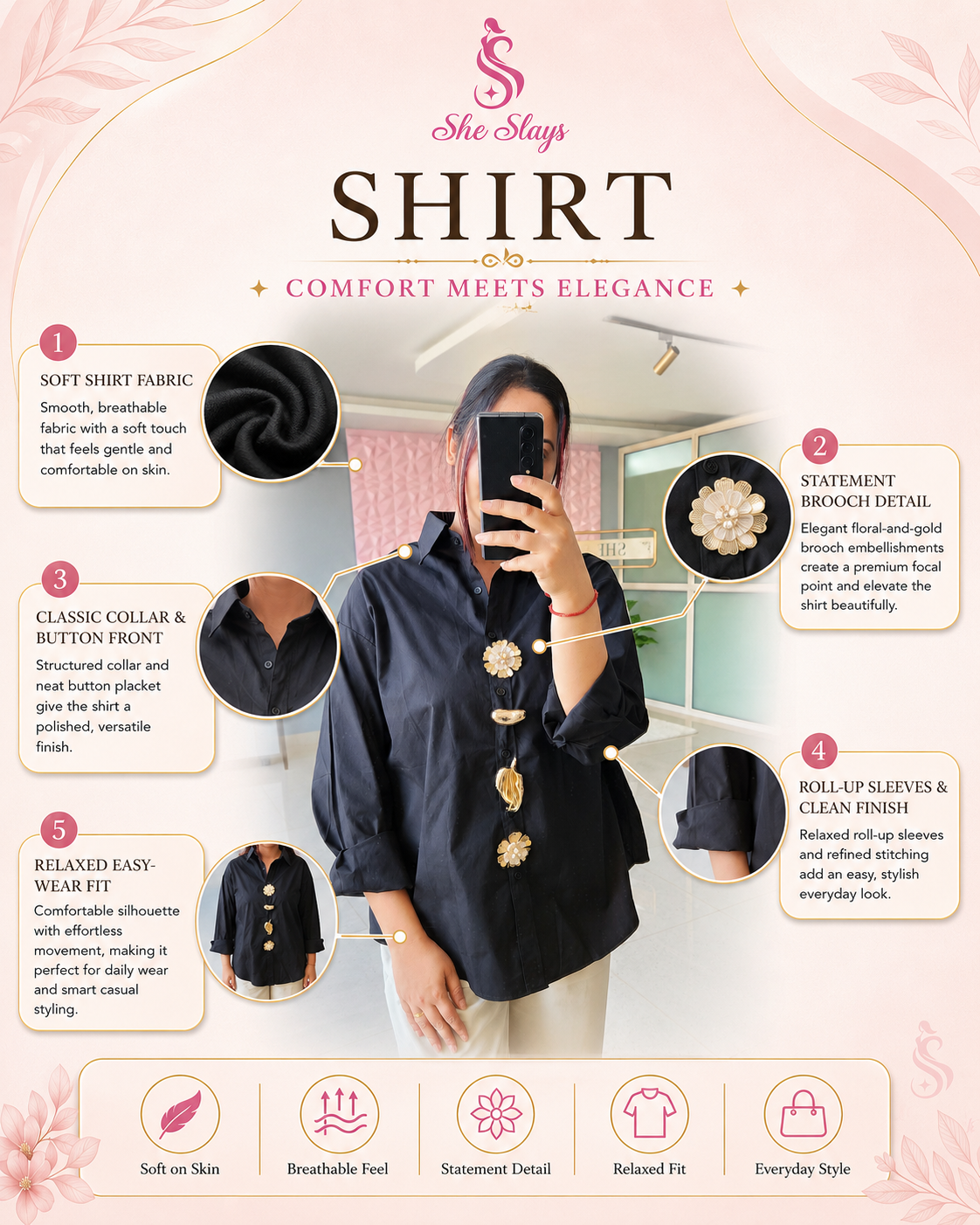 ‘ZIVA’ Statement Brooch Shirt [SS-10403-SH]