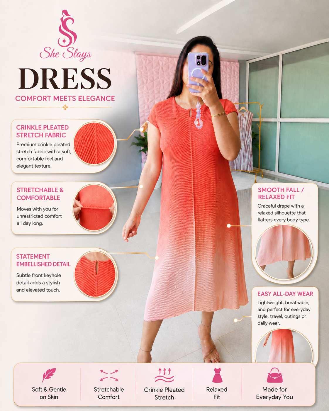 'OMBRE’ Crinkle Pleated Stretch Dress [SS-11705-DRSH]