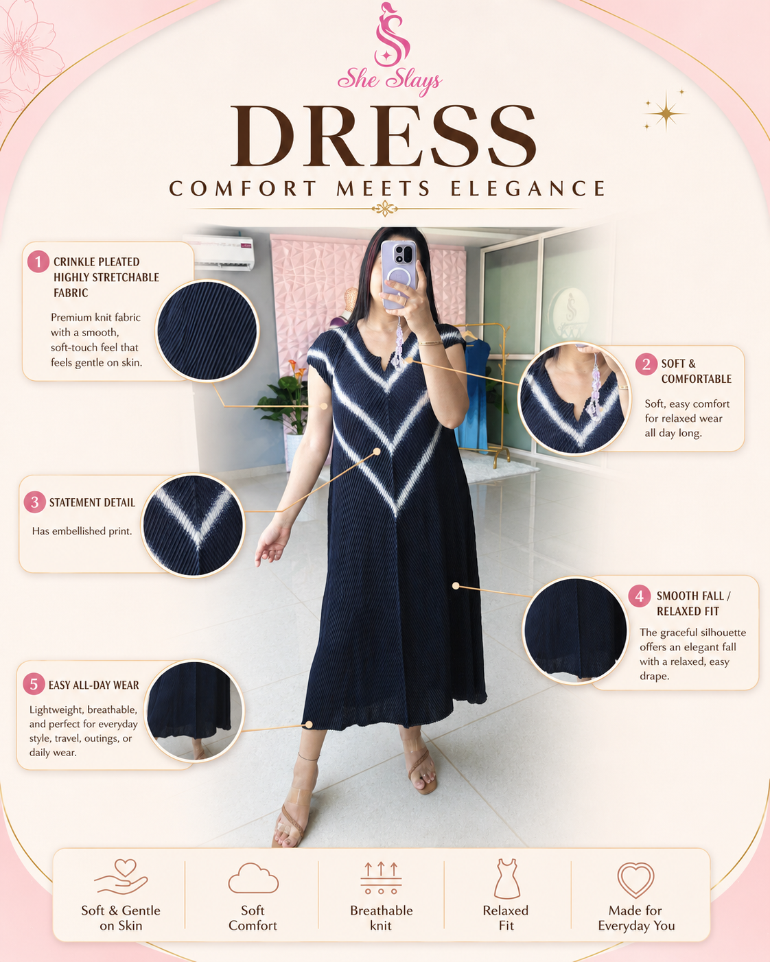 ‘CHEVRON’ Crinkle Pleated Stretch Dress [SS-11703-DRV]