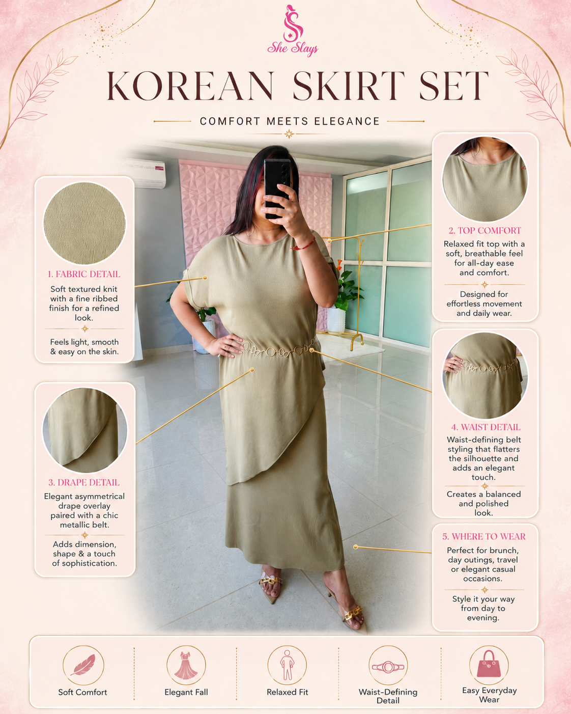 ‘AMARA’ Belted Korean Skirt Set [SS-11002-CRDS]