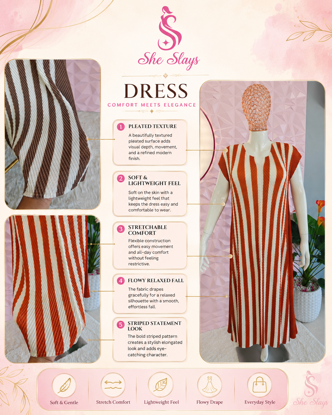 ‘ZEBRA’ Crinkle Pleated Dress [ SS-11702-DRST ]