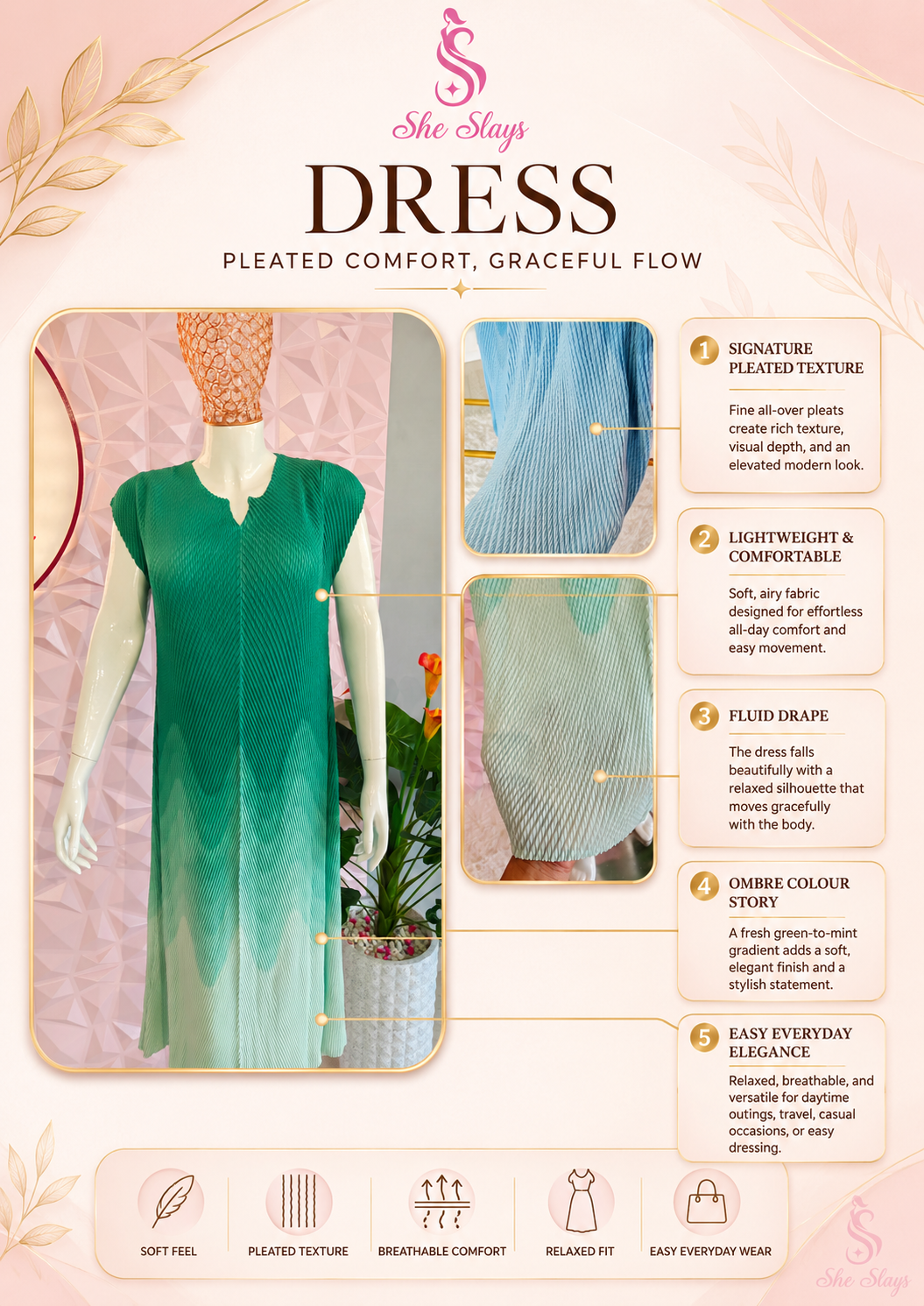 'OMBRE’ Crinkle Pleated Stretch Dress [SS-11705-DRSH]