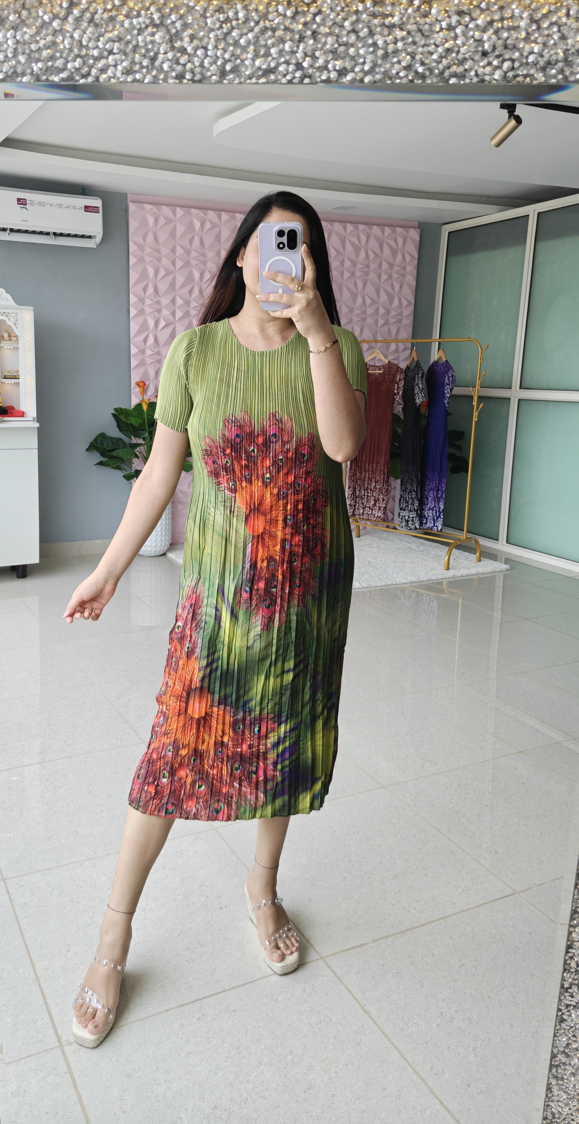 ‘FEATHER’ Printed Pleated Dress [SS-11722-DR]