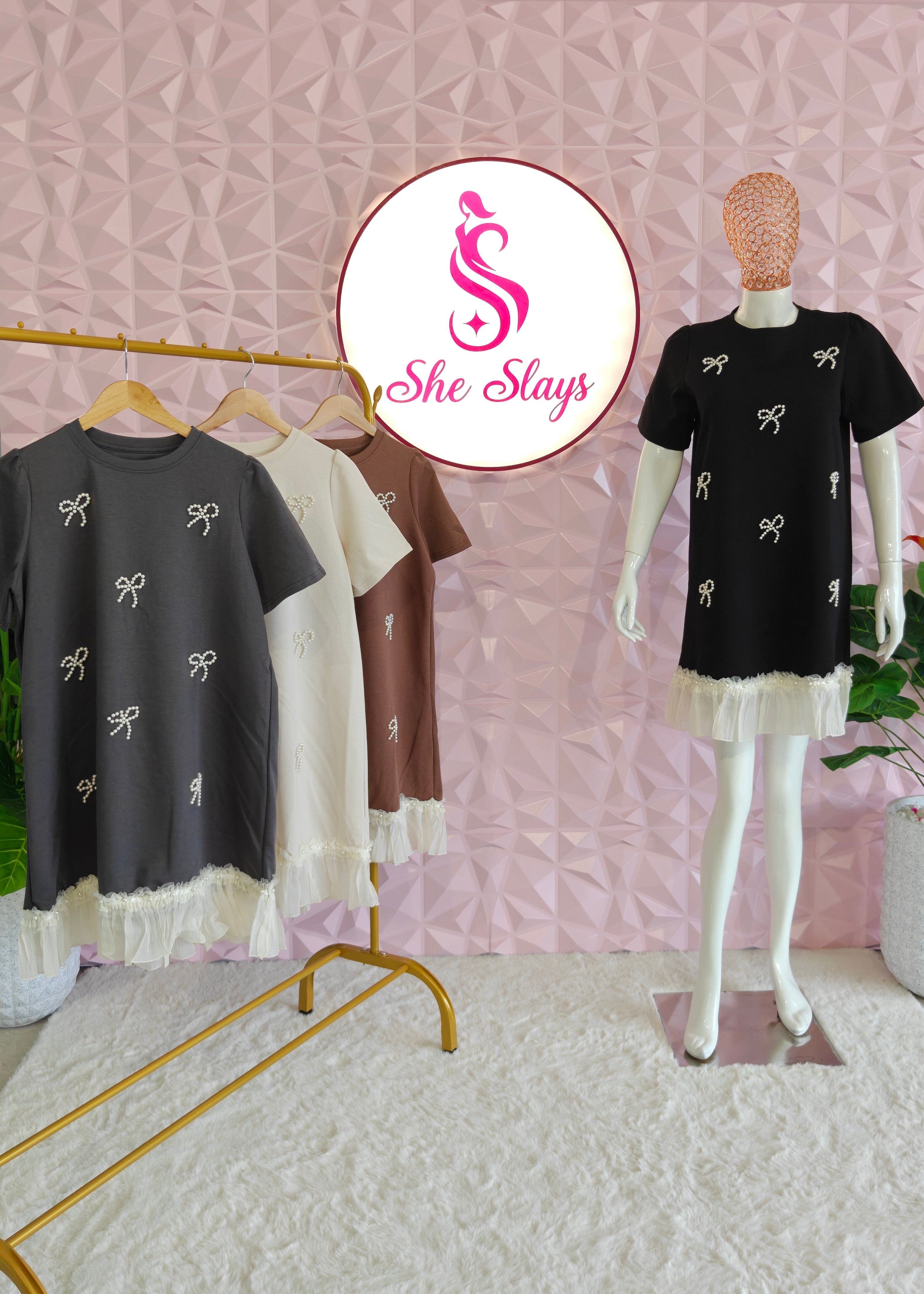 ‘DOLLIE’ Pearl Bow Dress [SS-11304-DRBP]