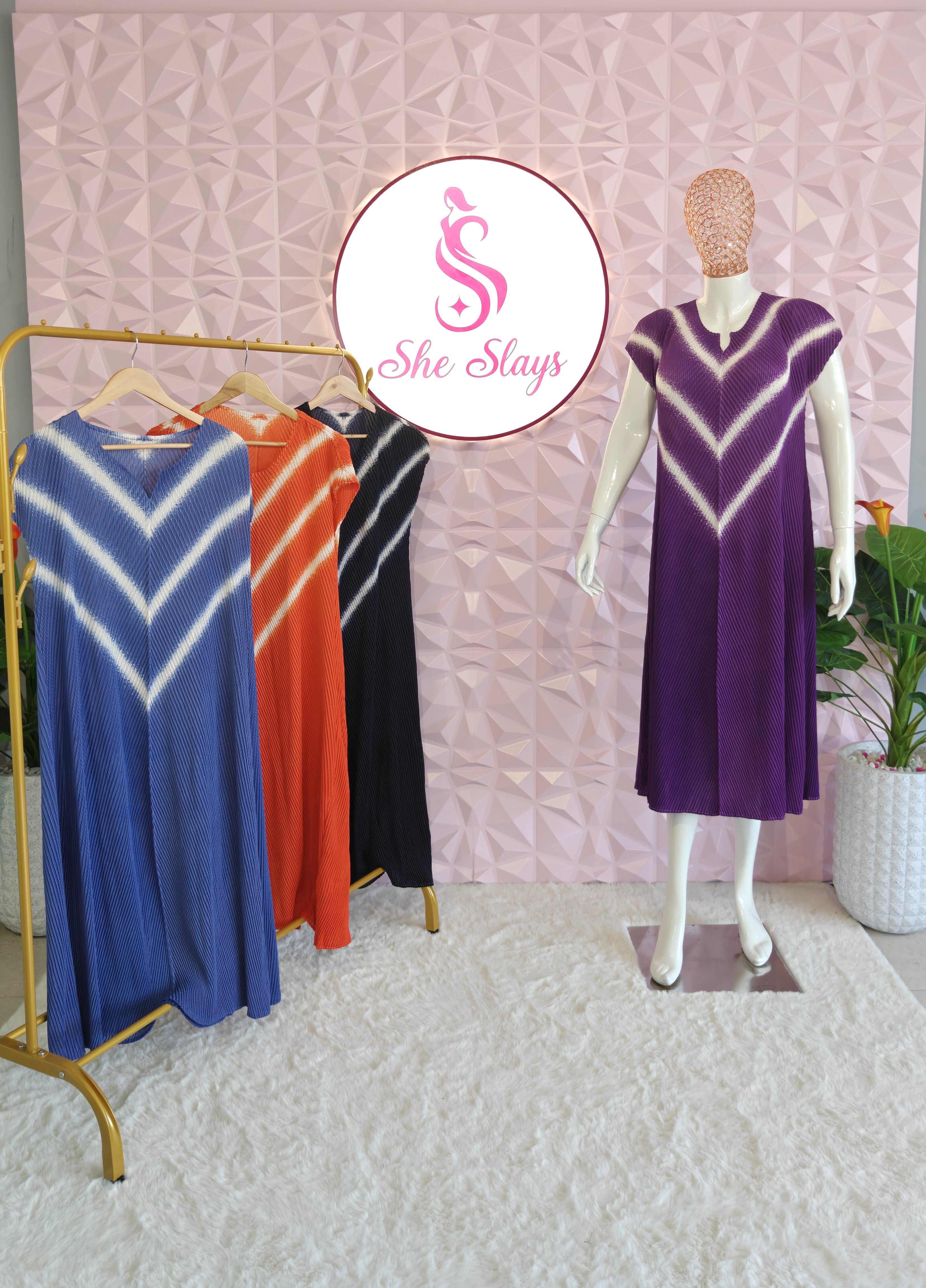 ‘CHEVRON’ Crinkle Pleated Stretch Dress [SS-11703-DRV]