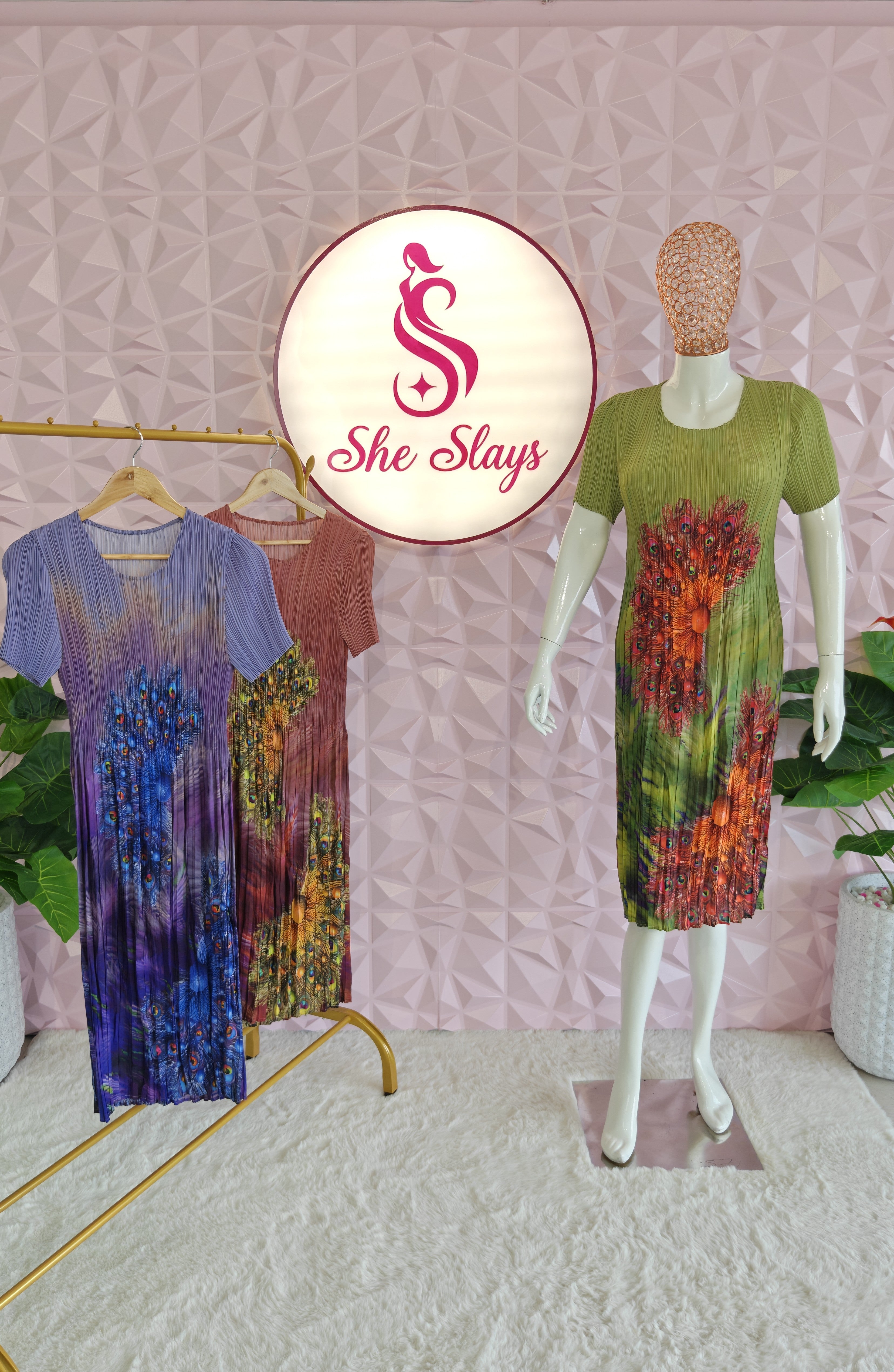 ‘FEATHER’ Printed Pleated Dress [SS-11722-DR]