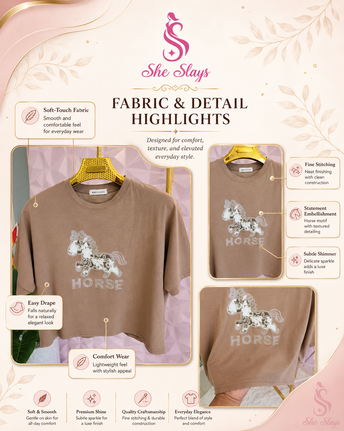 ‘HORSE’ Sequin Casual T-Shirt [SS-10509-TSH]