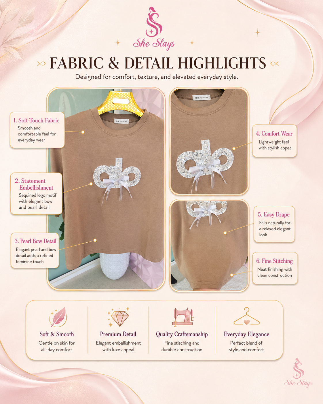 ‘BOW’ Pearl Ribbon T-Shirt [SS-10507-TSH]
