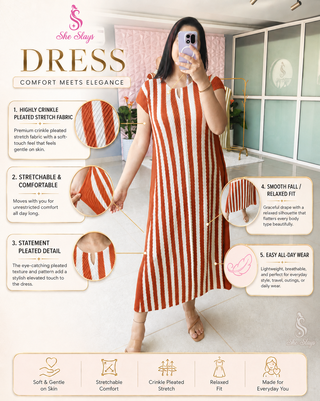 ‘ZEBRA’ Crinkle Pleated Dress [ SS-11702-DRST ]