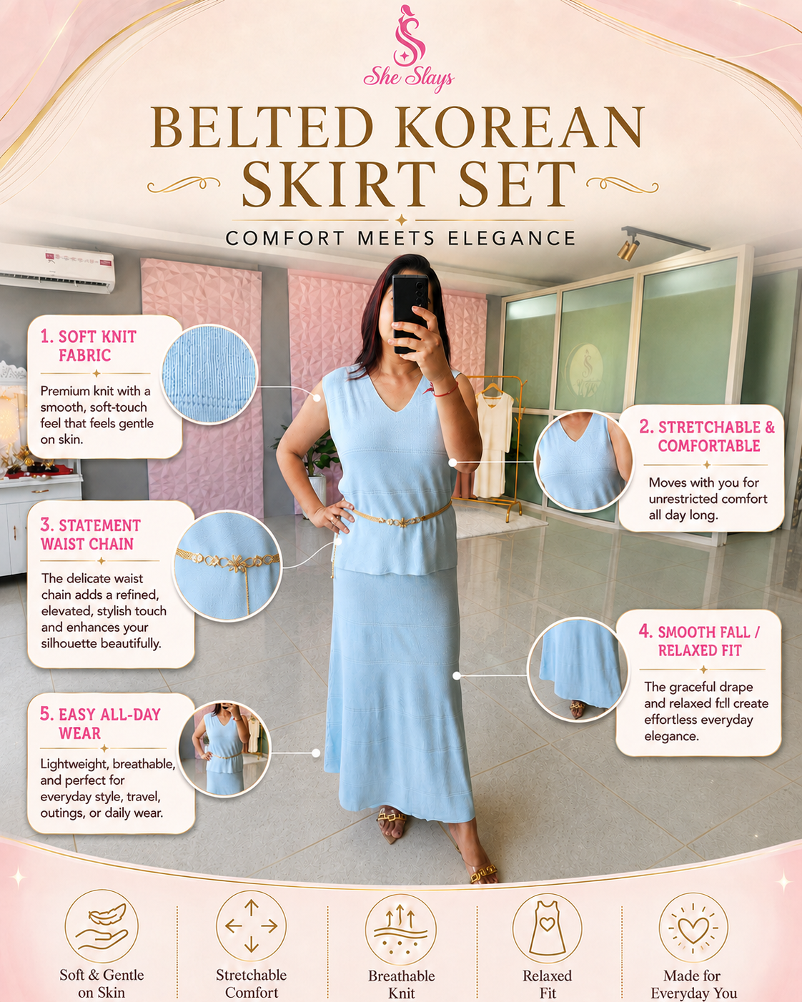 ‘SEREN’ Belted Korean Skirt Set [SS-11001-CRDS]