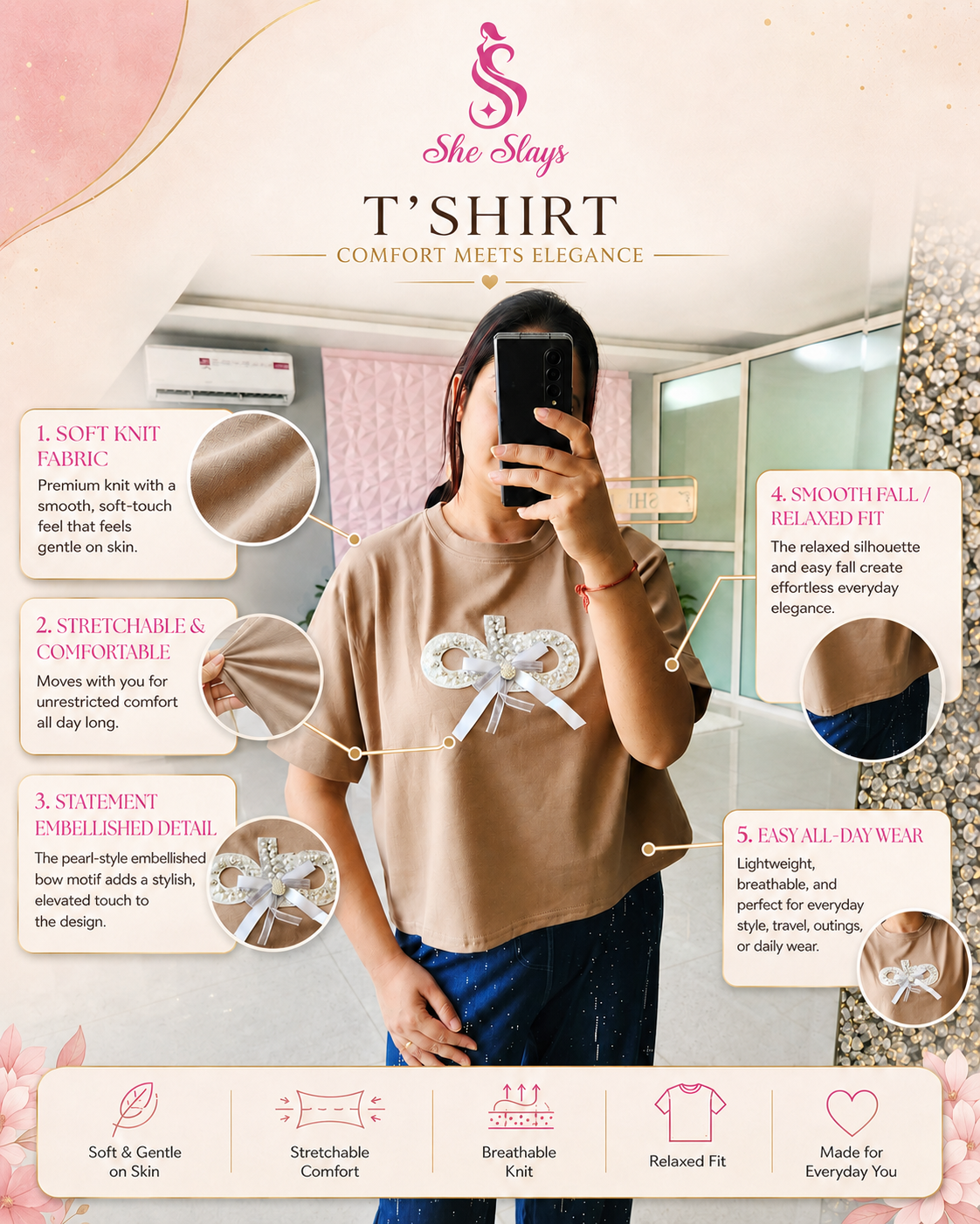 ‘BOW’ Pearl Ribbon T-Shirt [SS-10507-TSH]