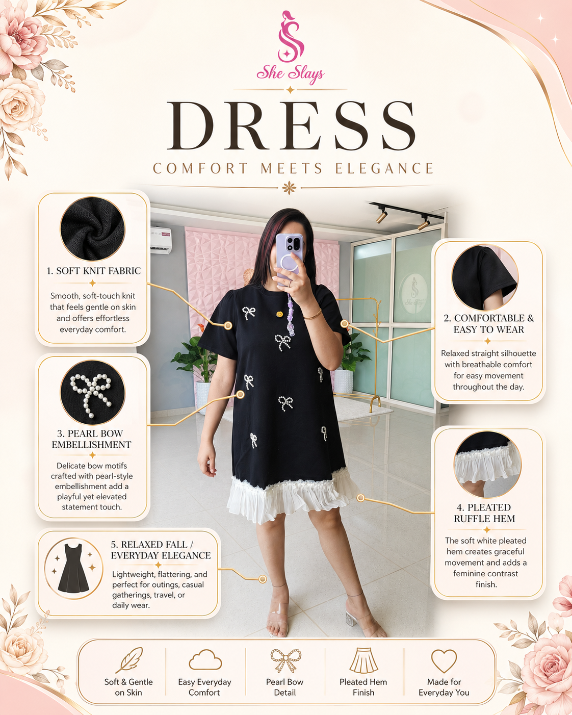 ‘DOLLIE’ Pearl Bow Dress [SS-11304-DRBP]