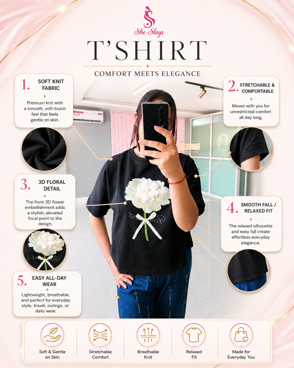 ‘BELLE’ 3D Flower T-Shirt [SS-105011-TSH]