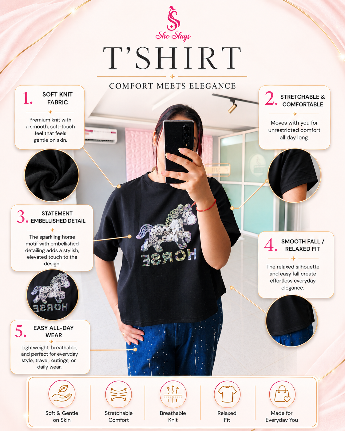 ‘HORSE’ Sequin Casual T-Shirt [SS-10509-TSH]